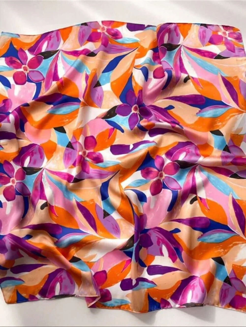 ✨Luxury Chic Silky Square Scarf Purple White Iris Flower Print Head Bandana New✨